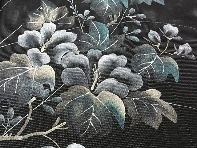 平和屋着物＊夏物　訪問着　絽　草花シルエット　黒地　金銀彩　正絹　逸品　CABJ9787xi