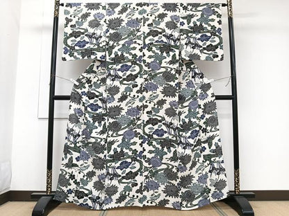 平和屋着物＊夏物　小紋　絽　型染め　流水花蝶文　正絹　逸品　CABJ9791xi