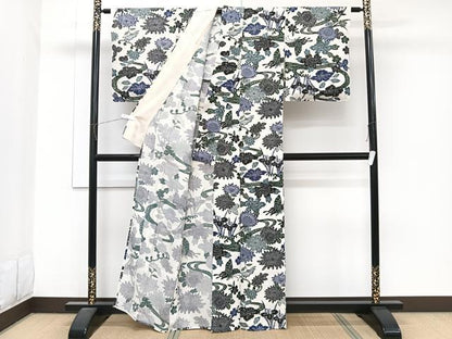 平和屋着物＊夏物　小紋　絽　型染め　流水花蝶文　正絹　逸品　CABJ9791xi