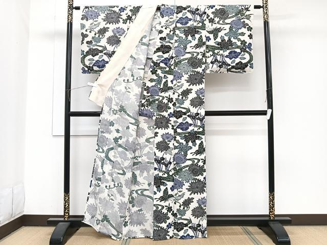 平和屋着物＊夏物　小紋　絽　型染め　流水花蝶文　正絹　逸品　CABJ9791xi
