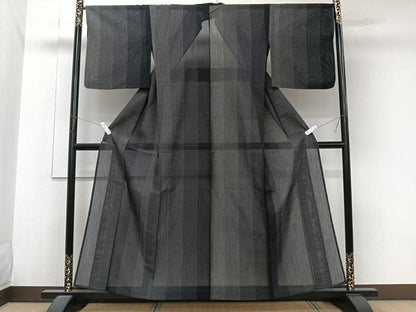 平和屋着物＊夏物　夏結城　100亀甲　間道亀甲文　黒地　正絹　逸品　CABJ9811xi