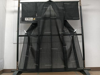 平和屋着物＊夏物　夏結城　100亀甲　横段飛び亀甲柄　黒地　正絹　逸品　未使用　CABJ9814xi