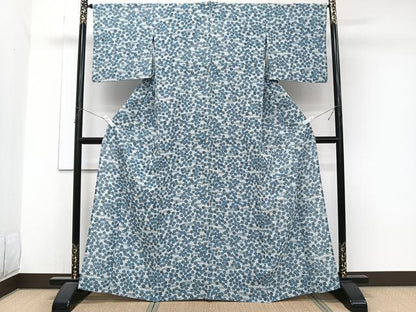 平和屋着物＊夏物　小紋　紗　藍　流水楓文　正絹　逸品　CABJ9819xi