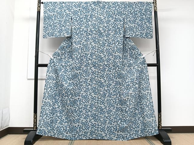 平和屋着物＊夏物　小紋　紗　藍　流水楓文　正絹　逸品　CABJ9819xi