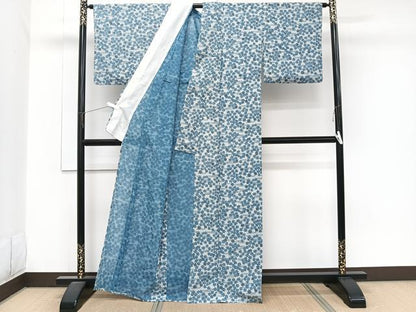 平和屋着物＊夏物　小紋　紗　藍　流水楓文　正絹　逸品　CABJ9819xi