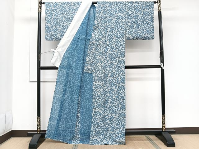 平和屋着物＊夏物　小紋　紗　藍　流水楓文　正絹　逸品　CABJ9819xi