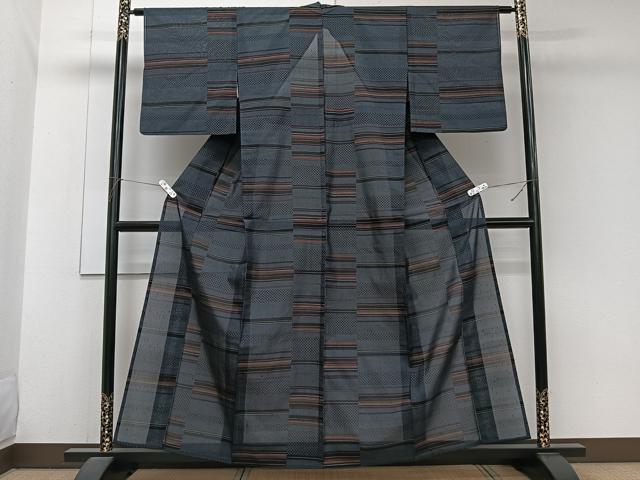 平和屋着物＊夏物　紗紬　横段文　黒地　正絹　逸品　CABJ9827xi