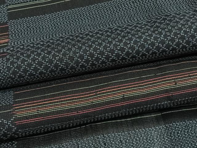 平和屋着物＊夏物　紗紬　横段文　黒地　正絹　逸品　CABJ9827xi