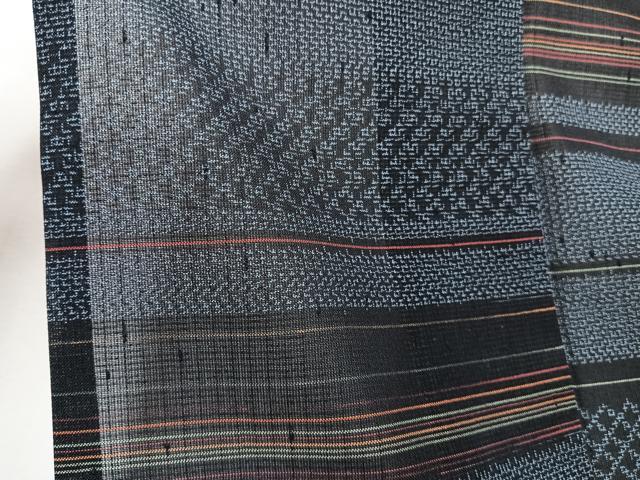 平和屋着物＊夏物　紗紬　横段文　黒地　正絹　逸品　CABJ9827xi