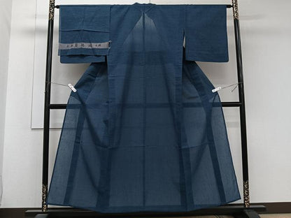 平和屋着物＊夏物　夏結城　霞文　青藍色　反端付き　正絹　逸品　CABJ9841xi