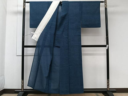 平和屋着物＊夏物　夏結城　霞文　青藍色　反端付き　正絹　逸品　CABJ9841xi