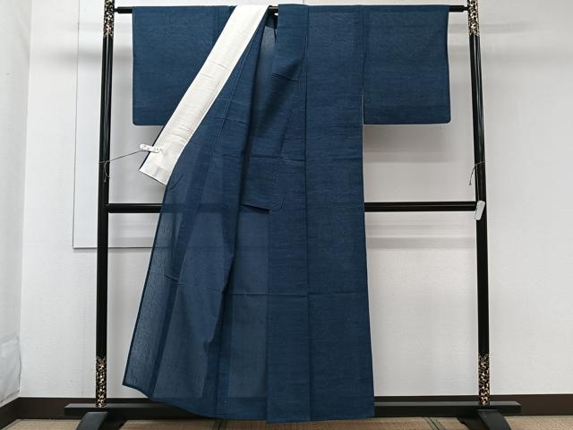 平和屋着物＊夏物　夏結城　霞文　青藍色　反端付き　正絹　逸品　CABJ9841xi
