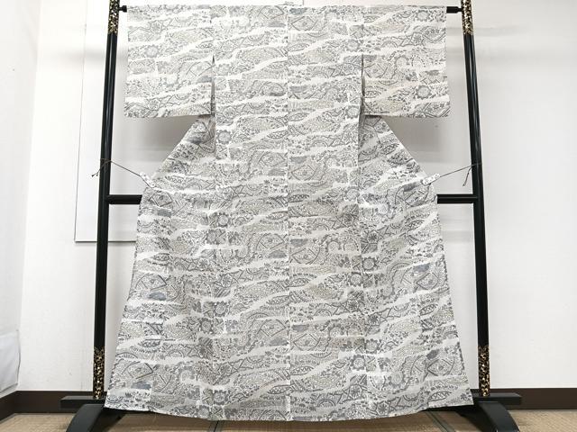 平和屋着物＊夏物　本場小千谷縮　片輪車花文　麻　逸品　CABJ9855xi