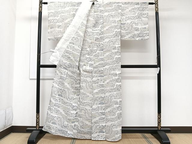 平和屋着物＊夏物　本場小千谷縮　片輪車花文　麻　逸品　CABJ9855xi