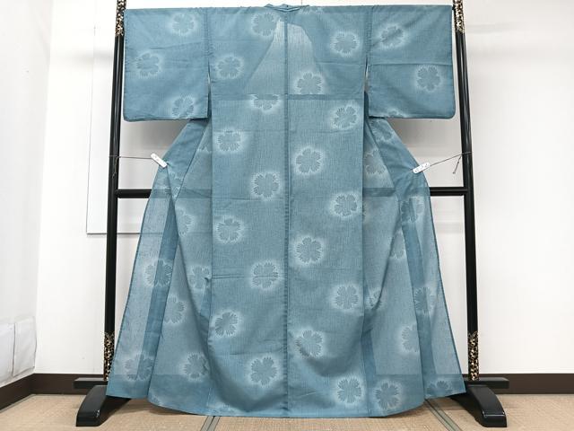 平和屋着物＊夏物　小紋　紗　100亀甲　舞花文　暈し染め　洗える着物　CABJ9863xi