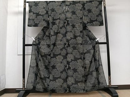 平和屋着物＊夏物　小紋　紗　舞花文　黒地　洗える着物　CABJ9883xi