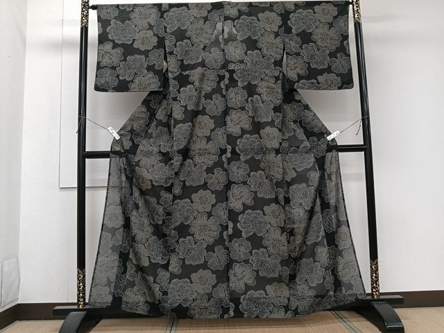 平和屋着物＊夏物　小紋　紗　舞花文　黒地　洗える着物　CABJ9883xi