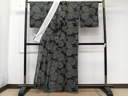 平和屋着物＊夏物　小紋　紗　舞花文　黒地　洗える着物　CABJ9883xi