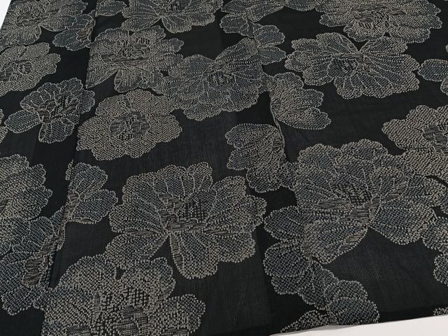 平和屋着物＊夏物　小紋　紗　舞花文　黒地　洗える着物　CABJ9883xi