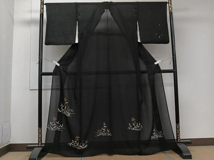 平和屋着物＊夏物　訪問着　絽　草花文　黒地　正絹　逸品　CABJ9894xi