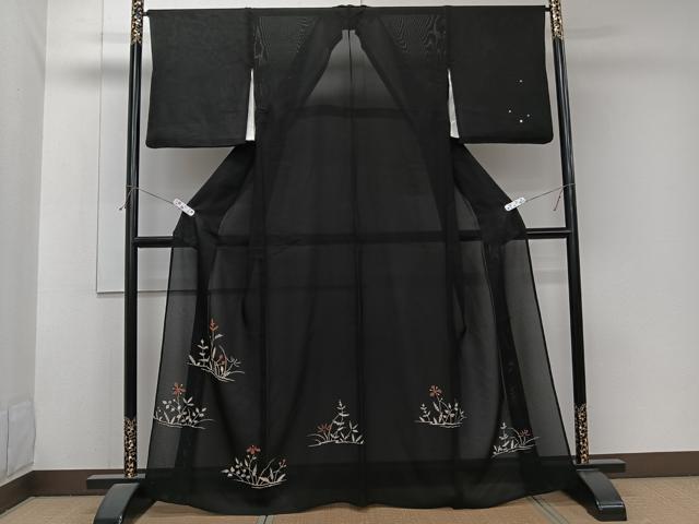 平和屋着物＊夏物　訪問着　絽　草花文　黒地　正絹　逸品　CABJ9894xi