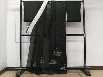 平和屋着物＊夏物　訪問着　絽　草花文　黒地　正絹　逸品　CABJ9894xi