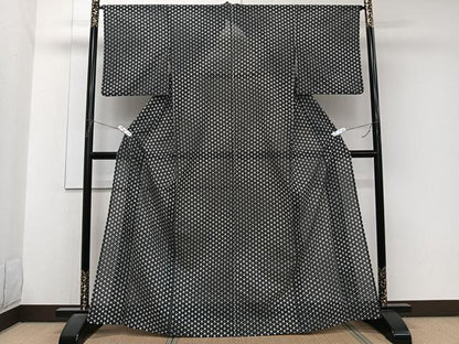 平和屋着物＊夏物　小紋　絽　花菱文　黒地　洗える着物　CABJ9943xi