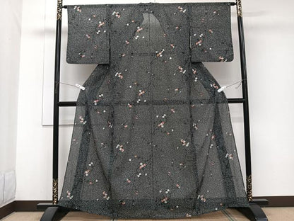 平和屋着物＊夏物　小紋　絽　枝梅文　たたき染め　黒地　洗える着物　CABJ9946xi