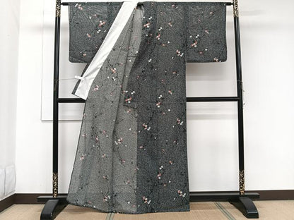平和屋着物＊夏物　小紋　絽　枝梅文　たたき染め　黒地　洗える着物　CABJ9946xi