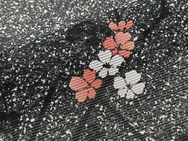 平和屋着物＊夏物　小紋　絽　枝梅文　たたき染め　黒地　洗える着物　CABJ9946xi