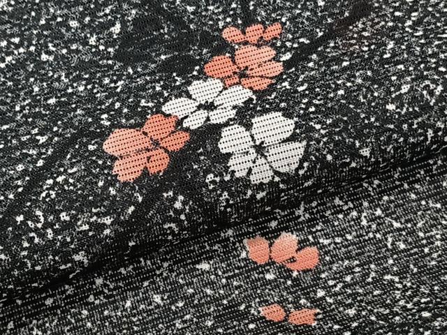 平和屋着物＊夏物　小紋　絽　枝梅文　たたき染め　黒地　洗える着物　CABJ9946xi
