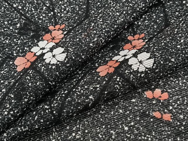 平和屋着物＊夏物　小紋　絽　枝梅文　たたき染め　黒地　洗える着物　CABJ9946xi