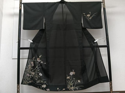 平和屋着物＊夏物　訪問着　絽縮緬　枝草花文　黒地　金彩　洗える着物　CABJ9955xi