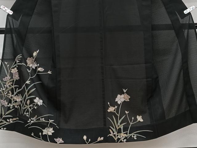 平和屋着物＊夏物　訪問着　絽縮緬　枝草花文　黒地　金彩　洗える着物　CABJ9955xi