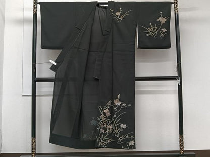 平和屋着物＊夏物　訪問着　絽縮緬　枝草花文　黒地　金彩　洗える着物　CABJ9955xi