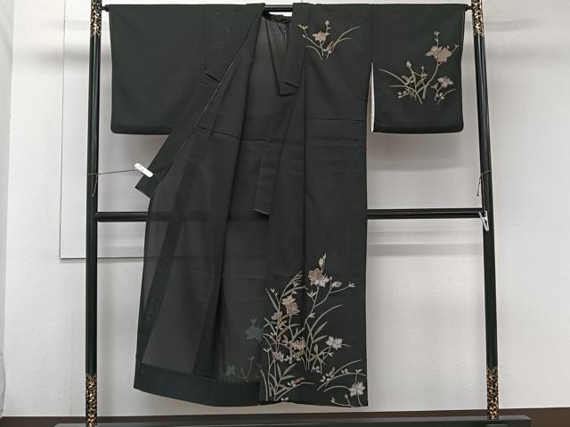 平和屋着物＊夏物　訪問着　絽縮緬　枝草花文　黒地　金彩　洗える着物　CABJ9955xi