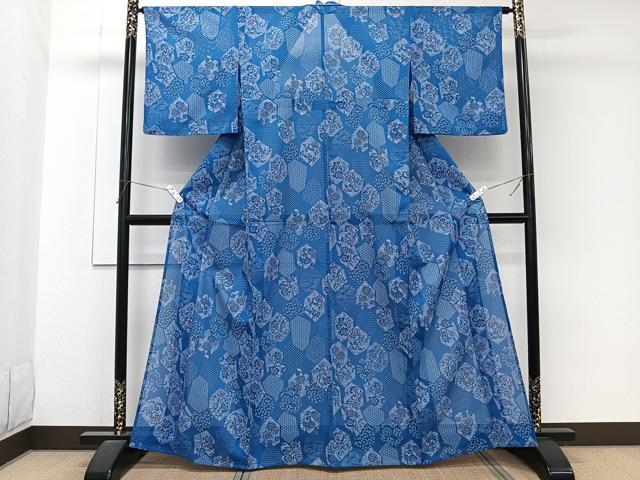 平和屋着物＊夏物　小紋　絽　亀甲草花文　洗える着物　CABJ9959xi