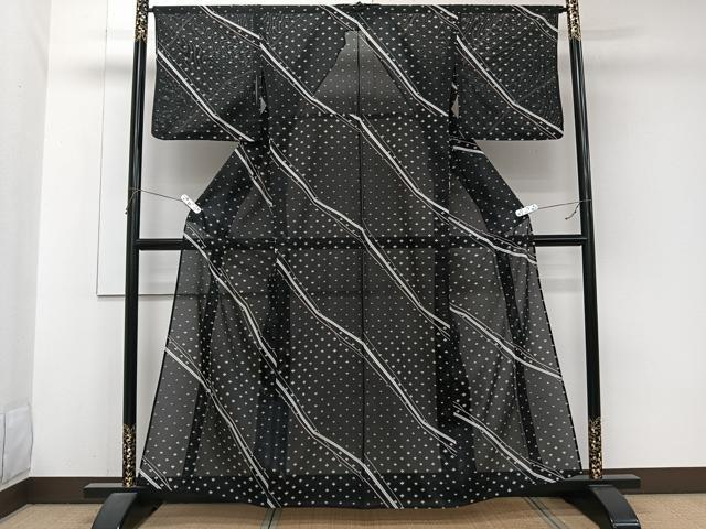 平和屋着物＊夏物　小紋　絽　花文様　黒地　洗える着物　CABJ9970xi