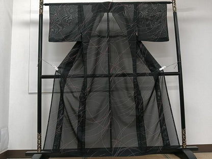 平和屋着物＊夏物　小紋　絽　抽象文様　黒地　洗える着物　CABJ9971xi