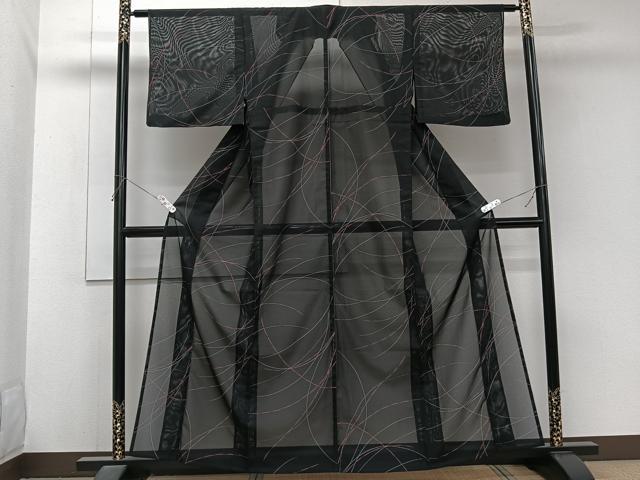 平和屋着物＊夏物　小紋　絽　抽象文様　黒地　洗える着物　CABJ9971xi