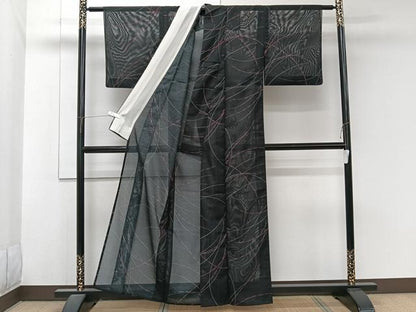 平和屋着物＊夏物　小紋　絽　抽象文様　黒地　洗える着物　CABJ9971xi