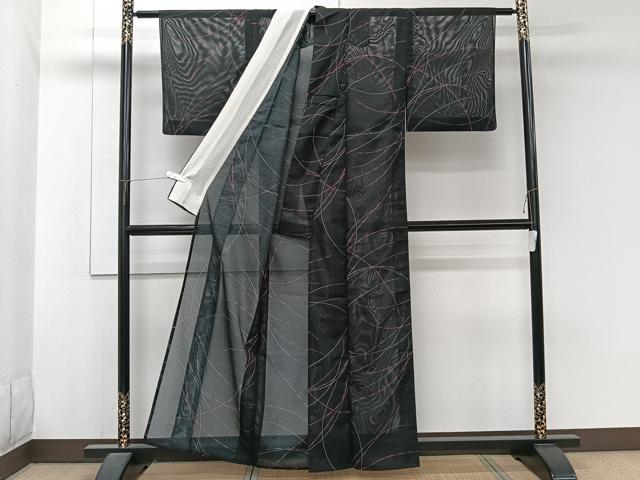 平和屋着物＊夏物　小紋　絽　抽象文様　黒地　洗える着物　CABJ9971xi