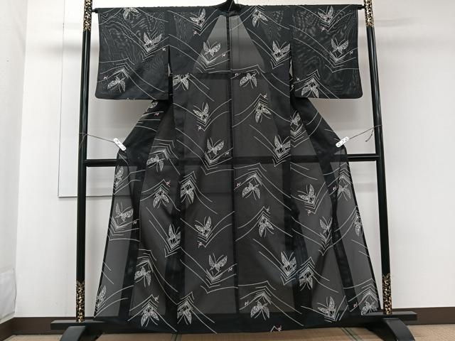平和屋着物＊夏物　小紋　絽　舞蝶文　黒地　洗える着物　CABJ9973xi