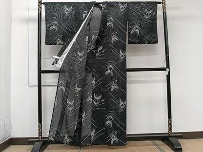 平和屋着物＊夏物　小紋　絽　舞蝶文　黒地　洗える着物　CABJ9973xi