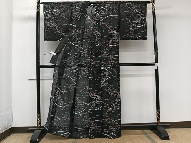 平和屋着物＊夏物　小紋　絽　舞芝文　黒地　洗える着物　CABJ9982xi