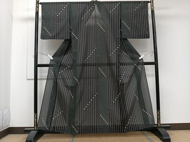 平和屋着物＊夏物　小紋　絽　間道菱花文　黒地　洗える着物　CABJ9983xi