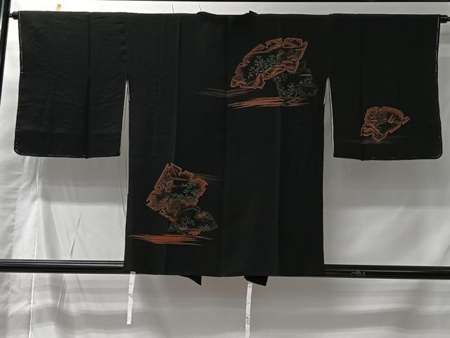 平和屋着物＃道行コート　寿光織　風景文　黒地　正絹　逸品　CABK0007ua