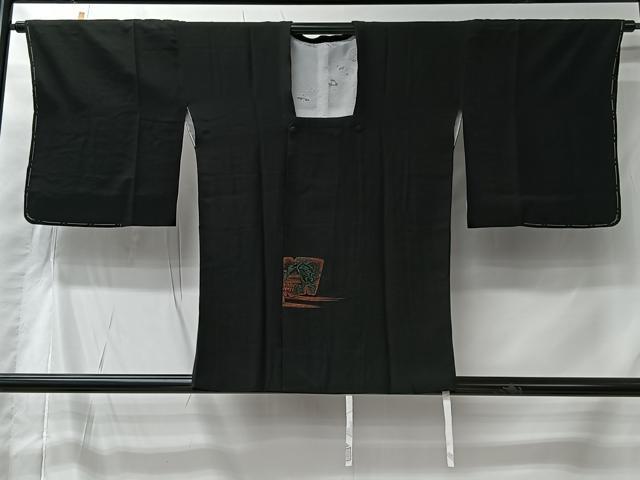 平和屋着物＃道行コート　寿光織　風景文　黒地　正絹　逸品　CABK0007ua