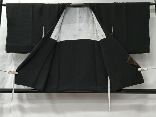 平和屋着物＃道行コート　寿光織　風景文　黒地　正絹　逸品　CABK0007ua