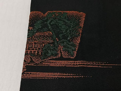 平和屋着物＃道行コート　寿光織　風景文　黒地　正絹　逸品　CABK0007ua